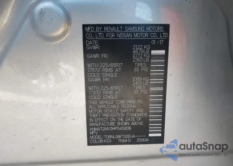 2017 Nissan Rogue Sv z USA, uszkodzony, nr VIN KNMAT2MV3HP545836